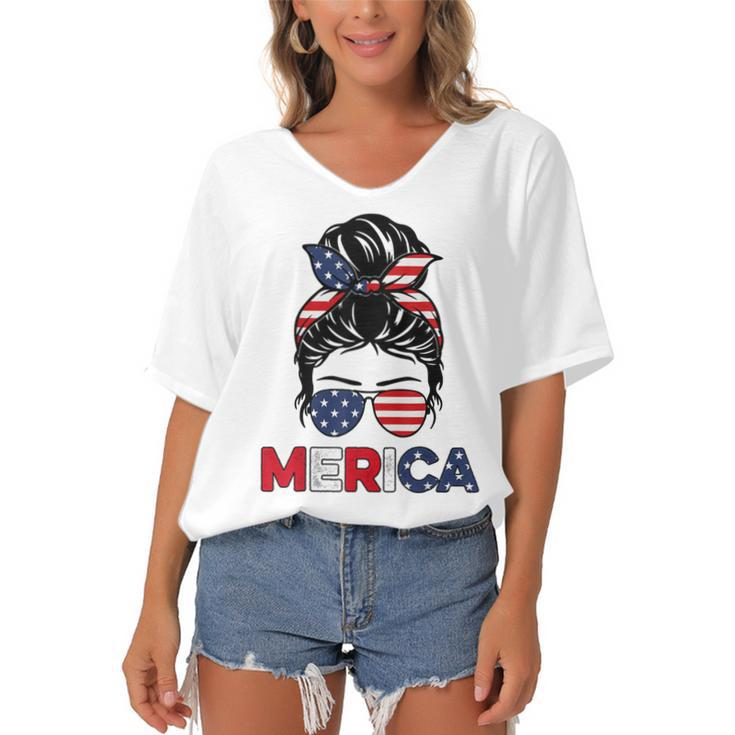 Merica Mom Girl American Flag Messy Bun Hair 4Th Of July Usa  V2 Women's Bat Sleeves V-Neck Blouse