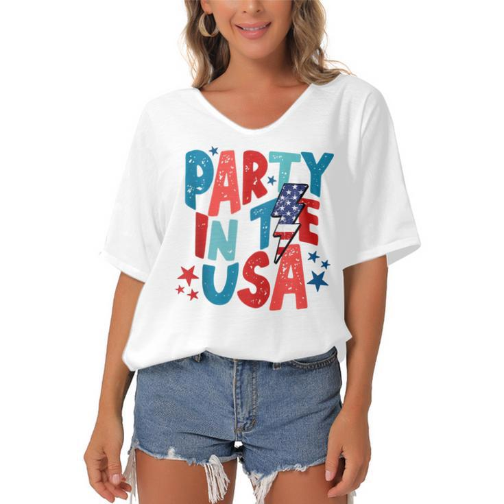 Party In The Usa Funny 4Th Of July American Flag  Women's Bat Sleeves V-Neck Blouse