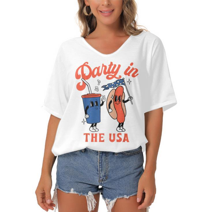 Party In The Usa  Hot Dog Kids Funny Fourth Of July  Women's Bat Sleeves V-Neck Blouse