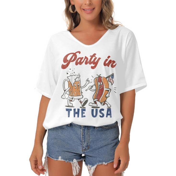Party In The Usa  Hot Dog Love Usa Funny Fourth Of July  Women's Bat Sleeves V-Neck Blouse