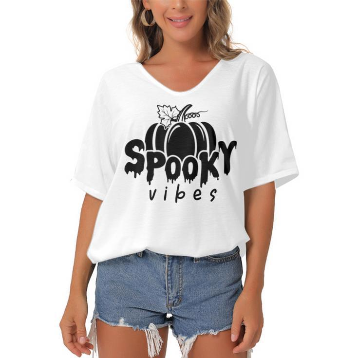 Spooky Vibes Halloween Graphic Meme Pumpkin Fall Graphic  Women's Bat Sleeves V-Neck Blouse