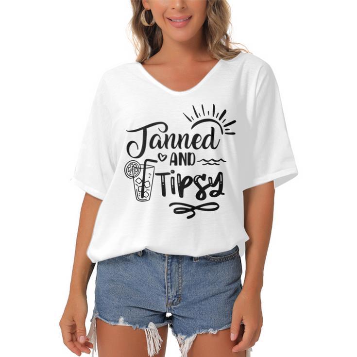 Tanned & Tipsy Hello Summer Vibes Beach Vacay Summertime  Women's Bat Sleeves V-Neck Blouse