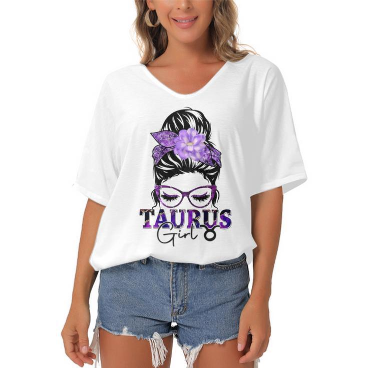 Taurus Girl Birthday Messy Bun Hair Purple Floral   Women's Bat Sleeves V-Neck Blouse