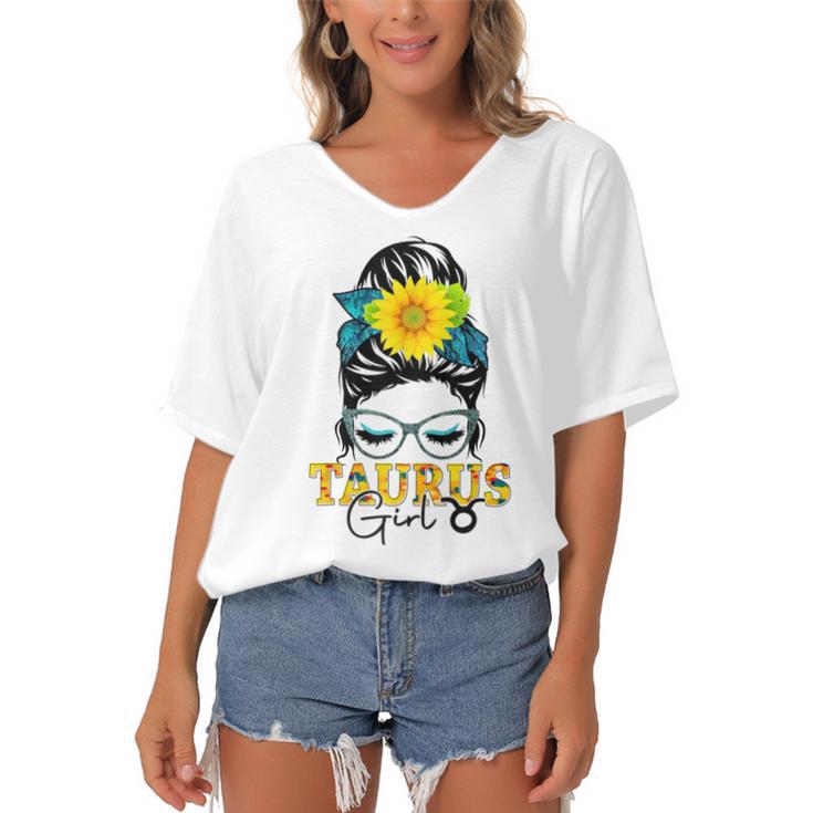 Taurus Girl Birthday Messy Bun Hair Sunflower  Women's Bat Sleeves V-Neck Blouse