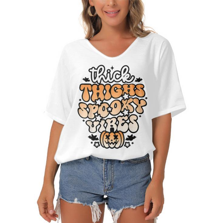 Thick Thighs Spooky Vibes Retro Groovy Halloween Spooky  Women's Bat Sleeves V-Neck Blouse