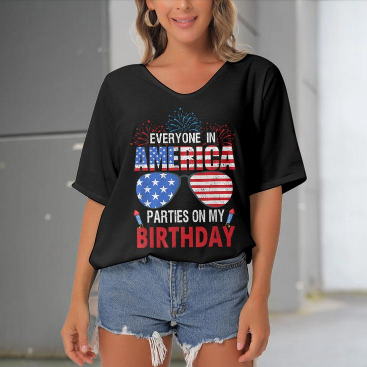 4Th Of July Birthday Gifts Funny Bday Born On 4Th Of July Women's Bat Sleeves V-Neck Blouse