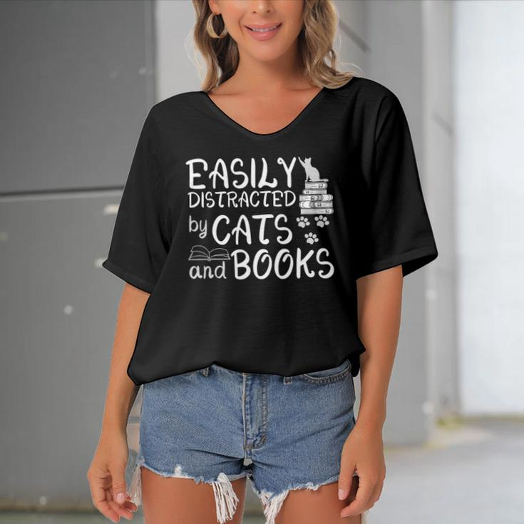 Easily Distracted By Cats And Books Funny Book Lover Women's Bat Sleeves V-Neck Blouse