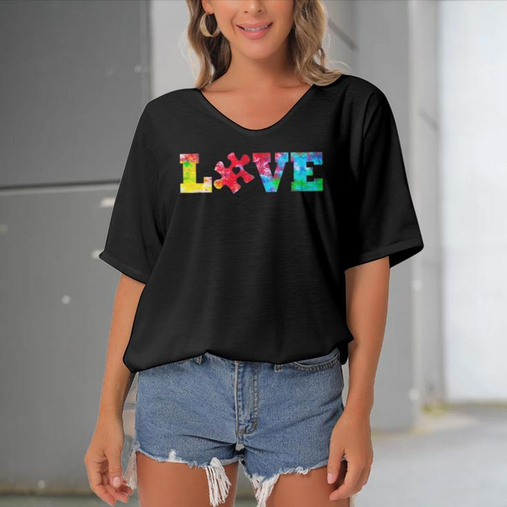 Love Puzzle Pieces Heart Autism Awareness Tie Dye Gifts Women's Bat Sleeves V-Neck Blouse