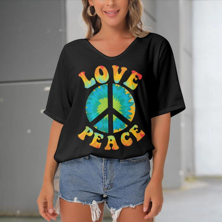 Peace Sign Love 60S 70S Tie Dye Hippie Halloween Costume V9 Women's Bat Sleeves V-Neck Blouse
