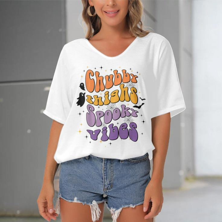 Chubby Thighs And Spooky Vibes Happy Halloween Women's Bat Sleeves V-Neck Blouse