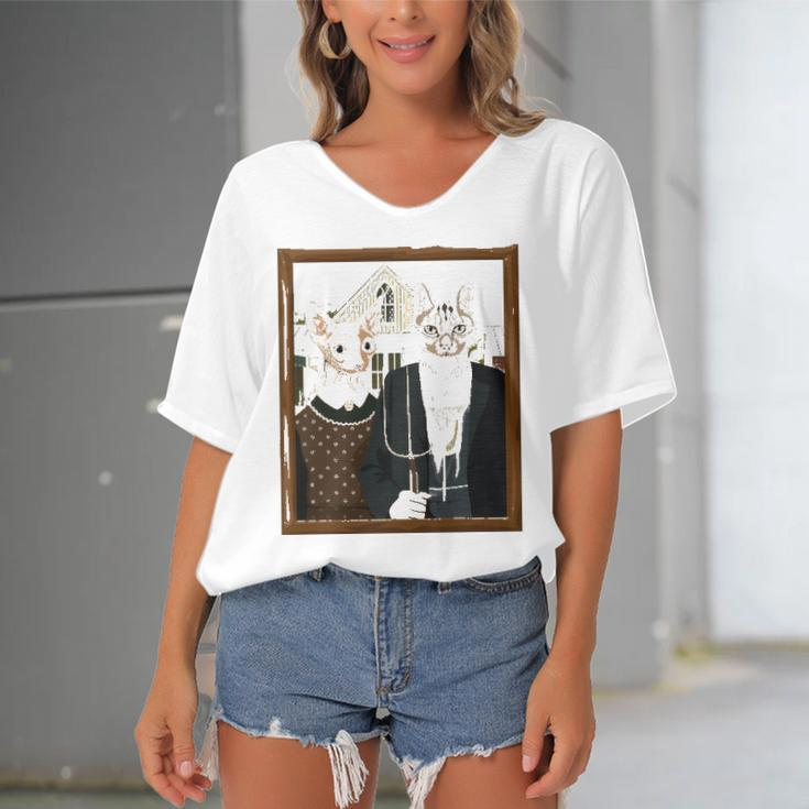 Funny American Gothic Cat Parody Ameowican Gothic Graphic Women's Bat Sleeves V-Neck Blouse