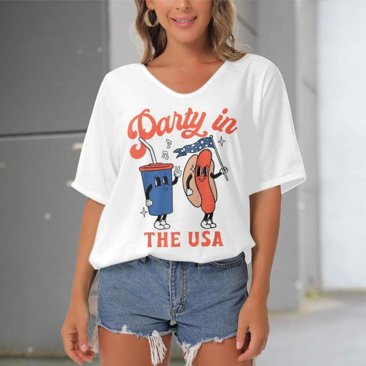 Party In The Usa Hot Dog Kids Funny Fourth Of July Women's Bat Sleeves V-Neck Blouse
