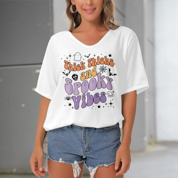 Retro Groovy Thick Thighs And Spooky Vibes Funny Halloween Women's Bat Sleeves V-Neck Blouse