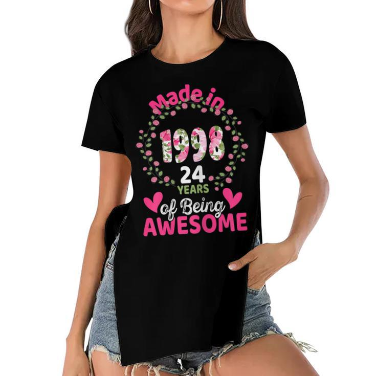 24 Years Old 24Th Birthday Born In 1998 Women Girls Floral  Women's Short Sleeves T-shirt With Hem Split