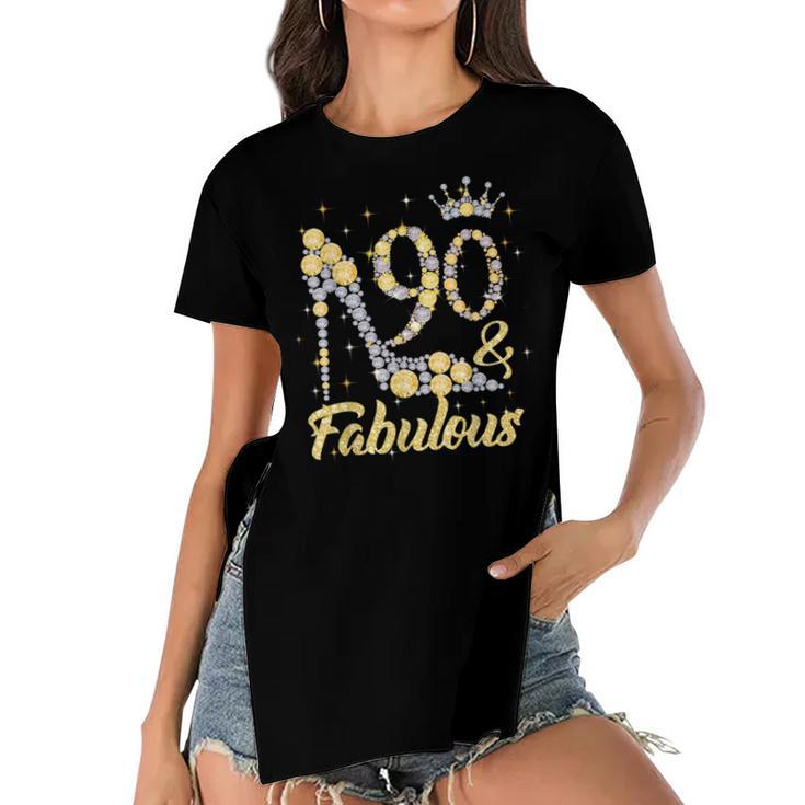 90 & Fabulous 90 Years Old 90Th Birthday Diamond Crown Shoes  Women's Short Sleeves T-shirt With Hem Split