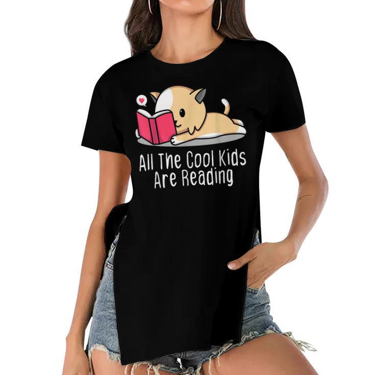 All The Cool Kids Are Reading  Book Cat Lovers  Women's Short Sleeves T-shirt With Hem Split