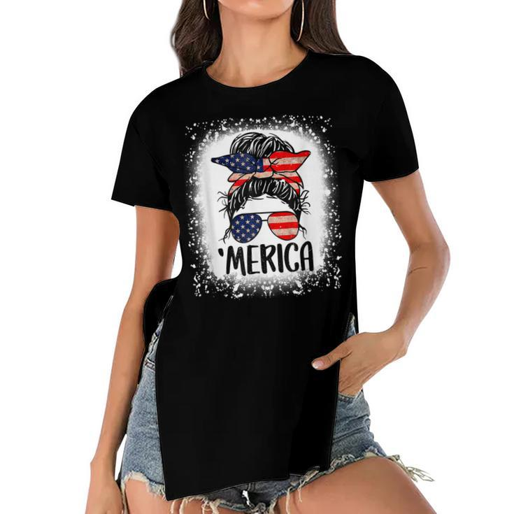Bleached Merica 4Th Of July Girl Sunglasses Messy Bun  Women's Short Sleeves T-shirt With Hem Split