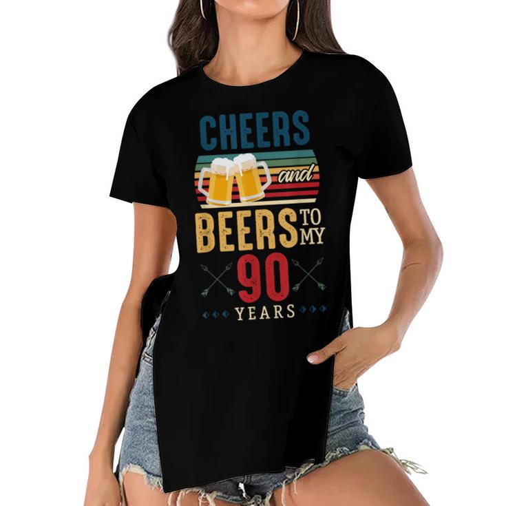 Cheers And Beers To My 90 Years 90Th Birthday  Women's Short Sleeves T-shirt With Hem Split