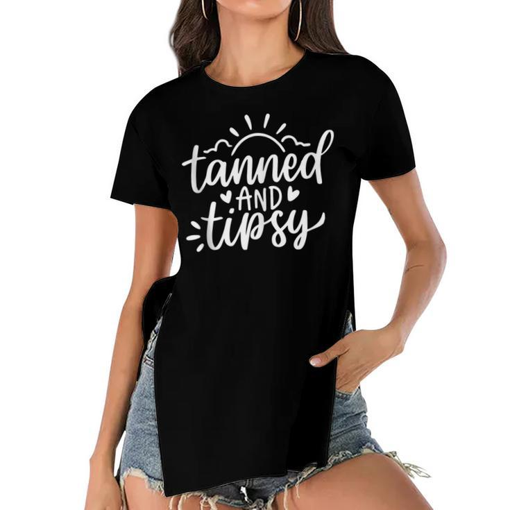 Cute Summer Tanned And Tipsy Funny Salty Beaches Girls Trip  Women's Short Sleeves T-shirt With Hem Split