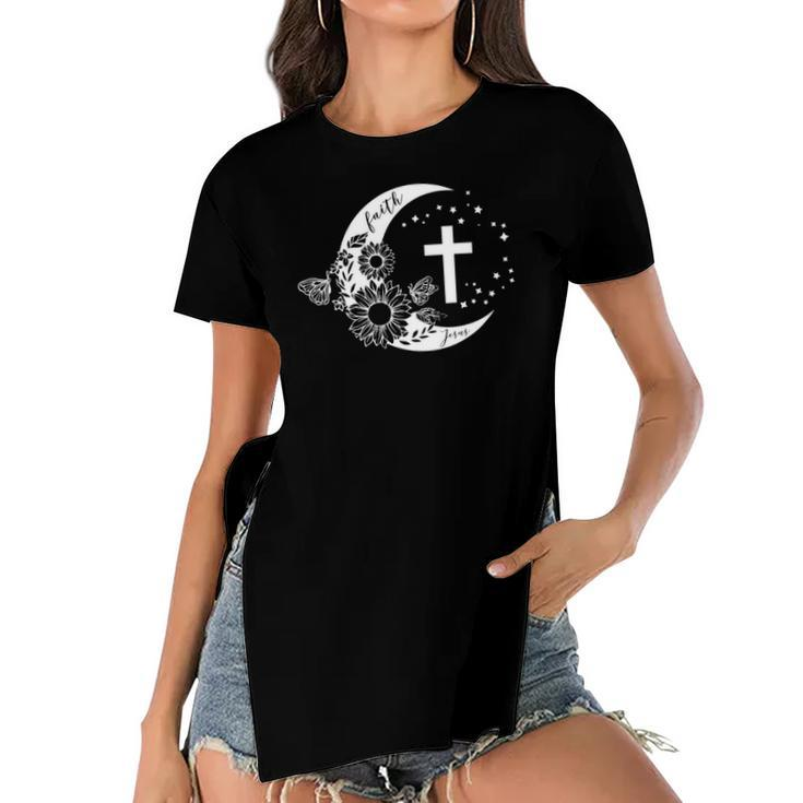 Faith Cross Crescent Moon With Sunflower Christian Religious Women's Short Sleeves T-shirt With Hem Split