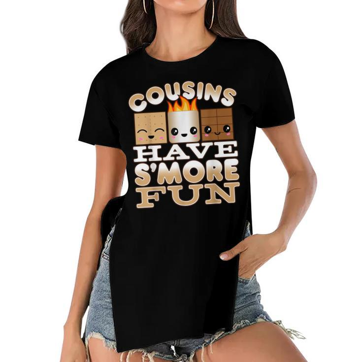 Family Camping  For Kids Cousins Have Smore Fun  Women's Short Sleeves T-shirt With Hem Split