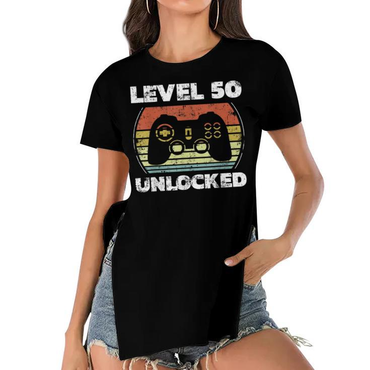 Level 50 Unlocked Funny Video Gamer 50Th Birthday  Women's Short Sleeves T-shirt With Hem Split