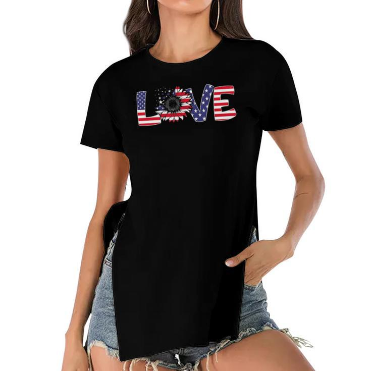 Love Sunflower 4Th Of July Women American Flag Patriotic Women's Short Sleeves T-shirt With Hem Split