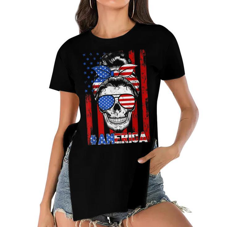 Messy Bun Skull America Flag Glasses 4Th Of July Patriotic  Women's Short Sleeves T-shirt With Hem Split