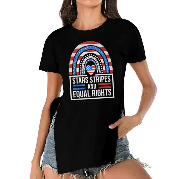Stars Stripes &Amp Equal Rights Rainbow American Flag Feminist Women's Short Sleeves T-shirt With Hem Split