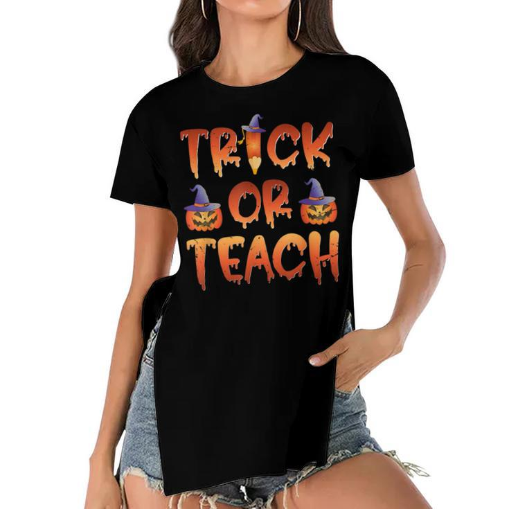 Trick Or Teach  Cute Halloween Costume School Teacher  Women's Short Sleeves T-shirt With Hem Split