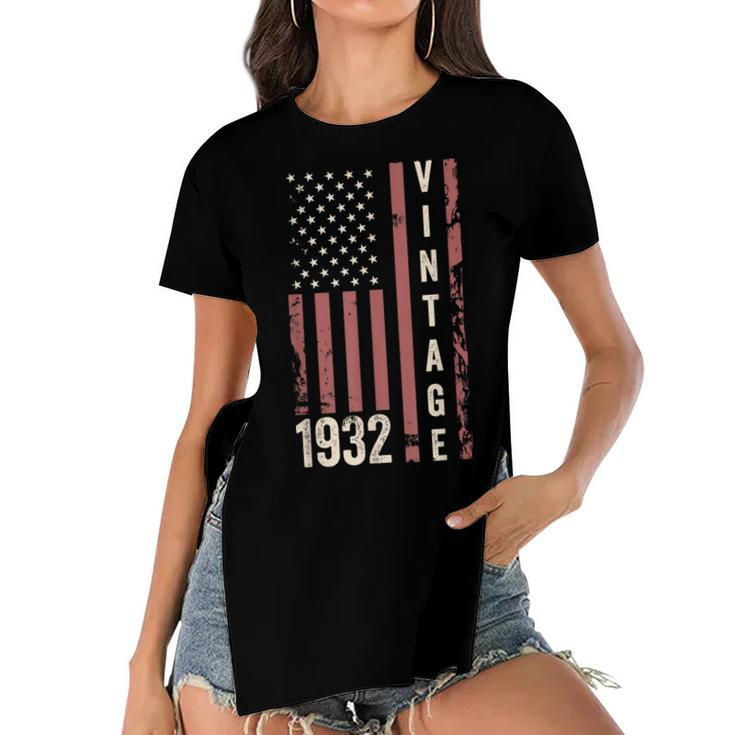 Vintage 1932 90Th Birthday 90 Years Old Funny American Flag  Women's Short Sleeves T-shirt With Hem Split