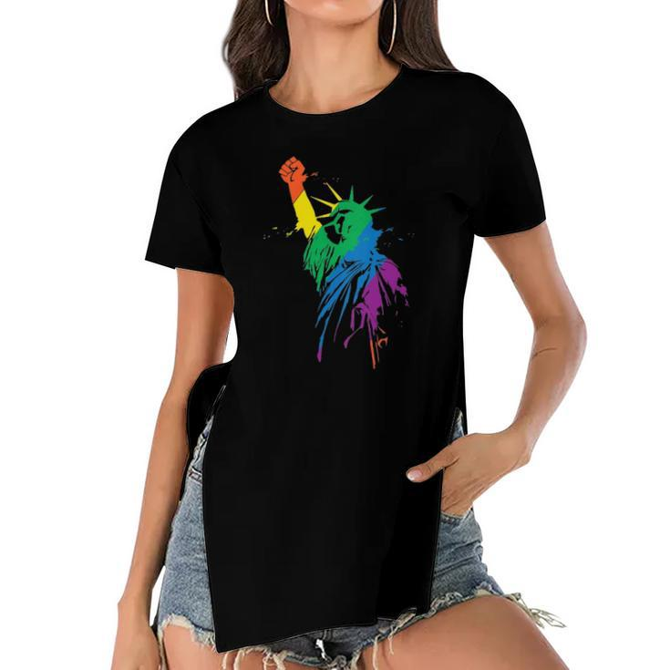 Womens Rainbow Statue Of Liberty With Raised Fist Lgbtq Pride  Women's Short Sleeves T-shirt With Hem Split