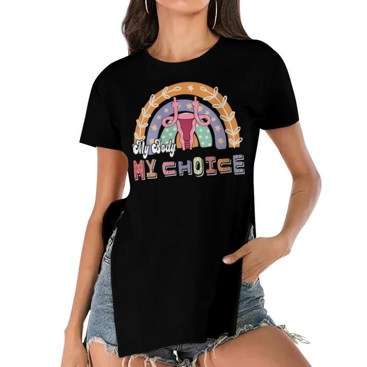 Womens Uterus My Body My Choice Pro Choice Leopard Rainbow  Women's Short Sleeves T-shirt With Hem Split