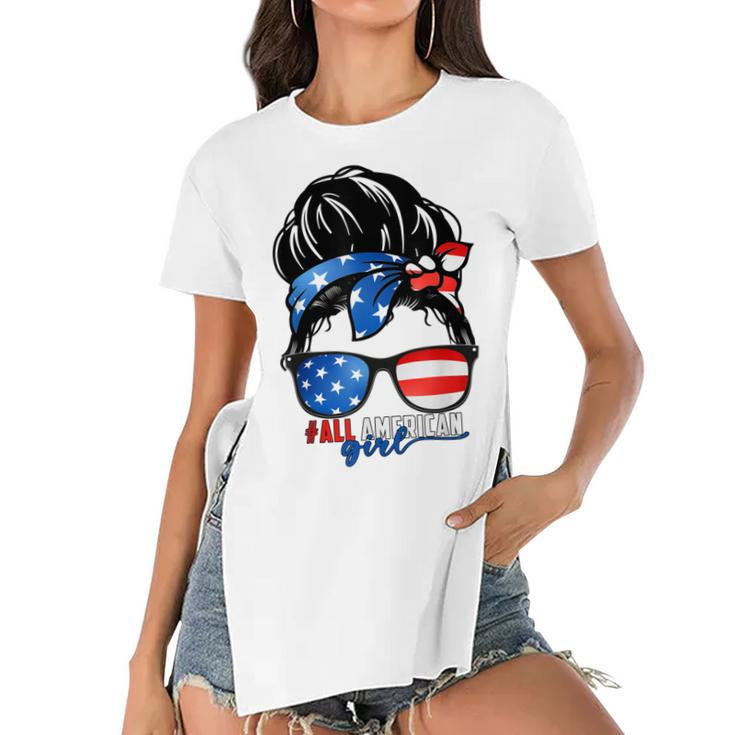 All American Girl 4Th Of July  Daughter Messy Bun Usa  Women's Short Sleeves T-shirt With Hem Split