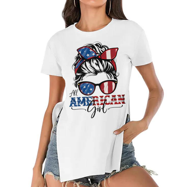 All American Girl 4Th Of July  Women Messy Bun Usa Flag  V2 Women's Short Sleeves T-shirt With Hem Split