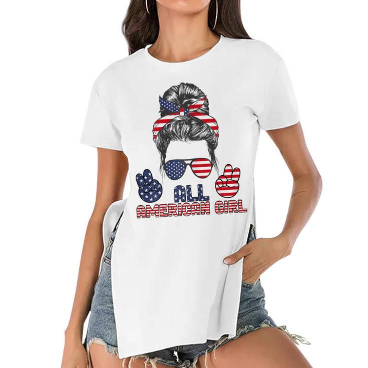 All American Girl Messy Bun American Flag 4Th Of July  V2 Women's Short Sleeves T-shirt With Hem Split
