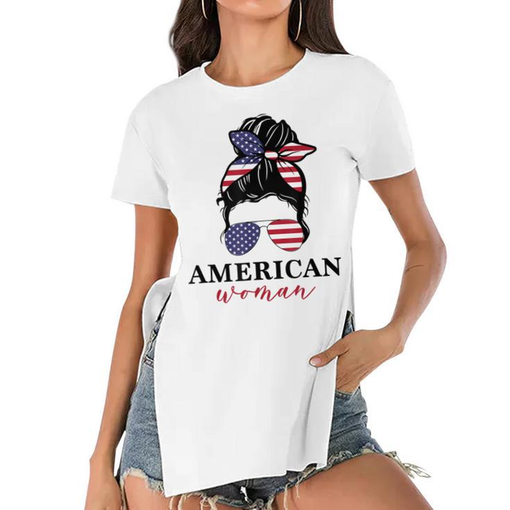 All American Girl Messy Bun Flag 4Th Of July Sunglasses  Women's Short Sleeves T-shirt With Hem Split