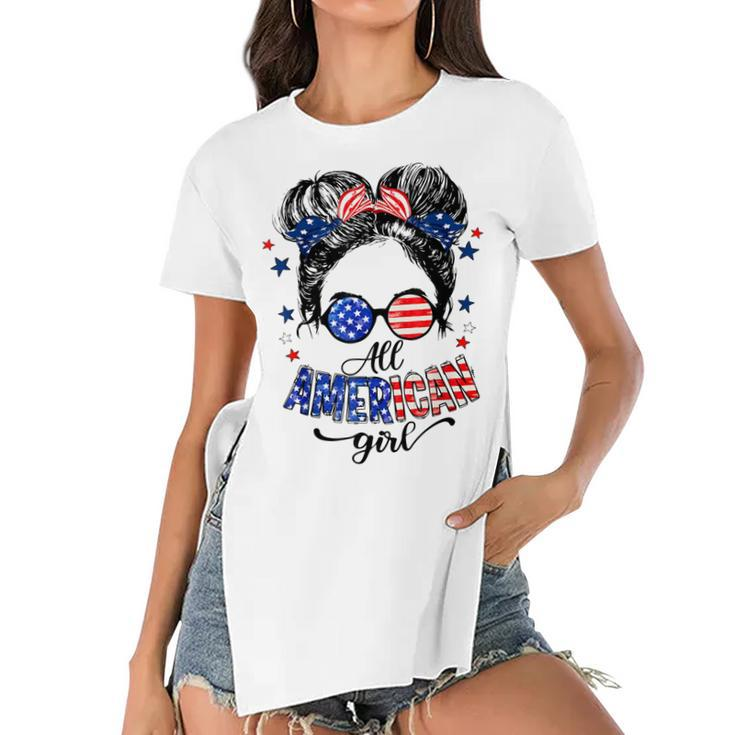 All American Girls 4Th Of July  Daughter Messy Bun Usa  V4 Women's Short Sleeves T-shirt With Hem Split