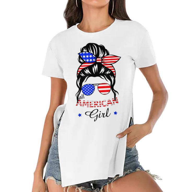 All American Girls 4Th Of July Daughter Messy Bun Usa  V6 Women's Short Sleeves T-shirt With Hem Split