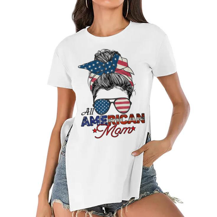 All American Mom 4Th July Messy Bun Us Flag  Women's Short Sleeves T-shirt With Hem Split