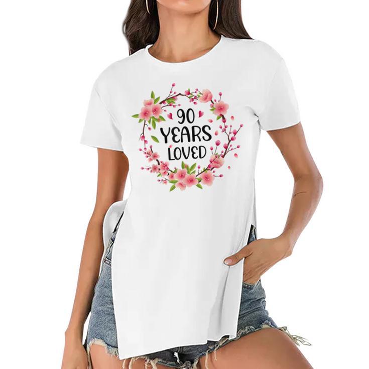 Floral 90 Year Old 90Th Birthday Women 90 Years Loved Women's Short Sleeves T-shirt With Hem Split