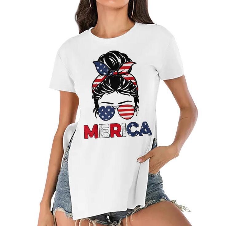 Merica Mom Girl American Flag Messy Bun Hair 4Th Of July Usa  V2 Women's Short Sleeves T-shirt With Hem Split