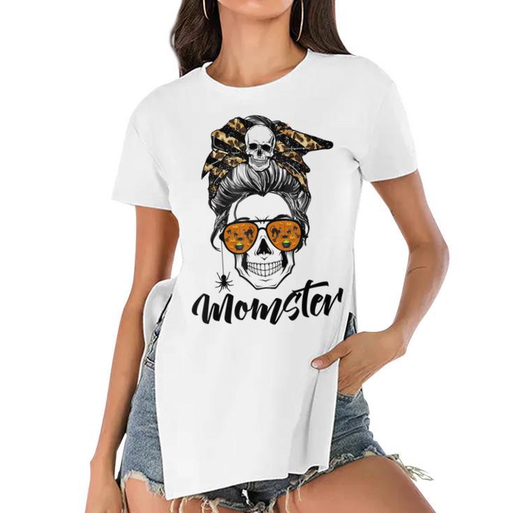 Messy Bun Monster Pun Momster Halloween Costume Skull Mom Women's Short Sleeves T-shirt With Hem Split