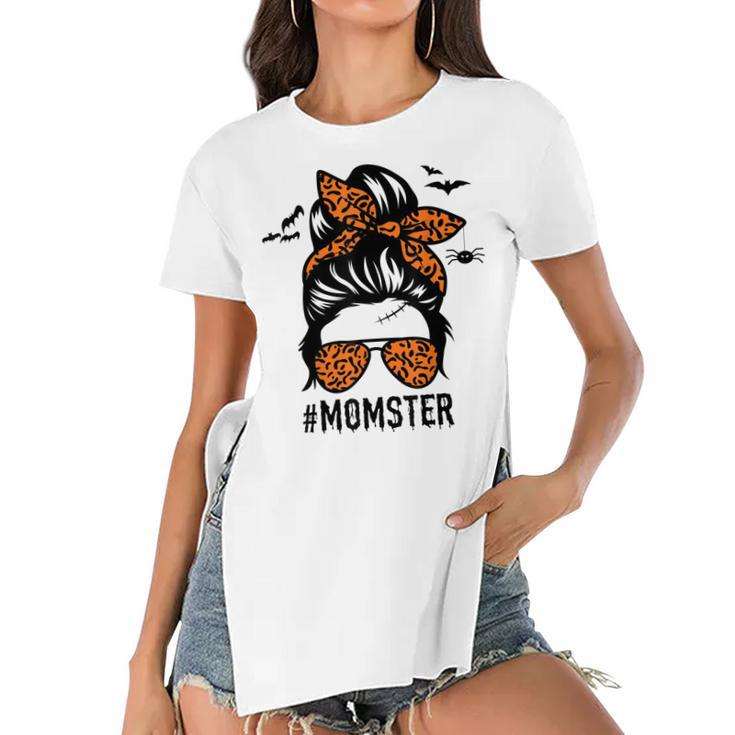 Mom Messy Bun Halloween Leopard Womens Momster Funny Spooky  Women's Short Sleeves T-shirt With Hem Split
