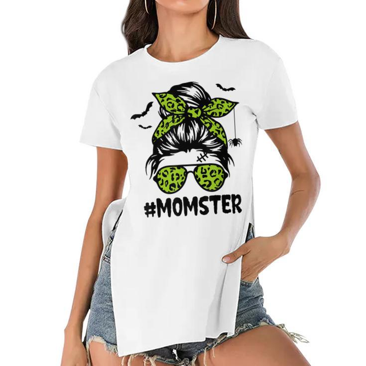 Momster  For Women Halloween Mom Messy Bun Leopard  Women's Short Sleeves T-shirt With Hem Split