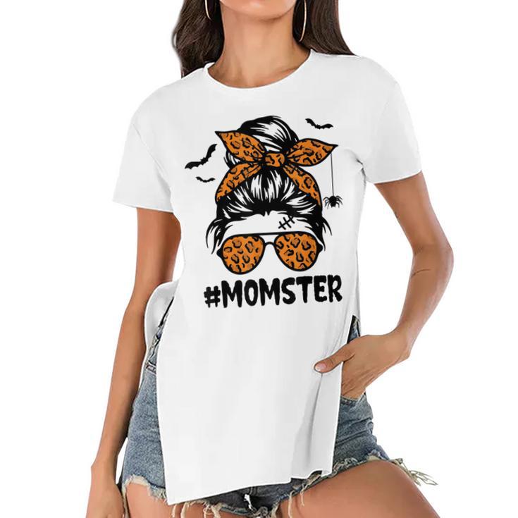 Momster  For Women Halloween Mom Messy Bun Leopard  Women's Short Sleeves T-shirt With Hem Split