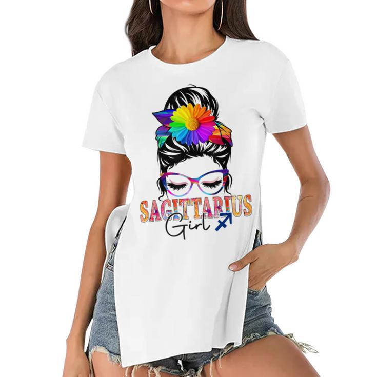 Sagittarius Girl Birthday Messy Bun Hair Colorful Floral  Women's Short Sleeves T-shirt With Hem Split