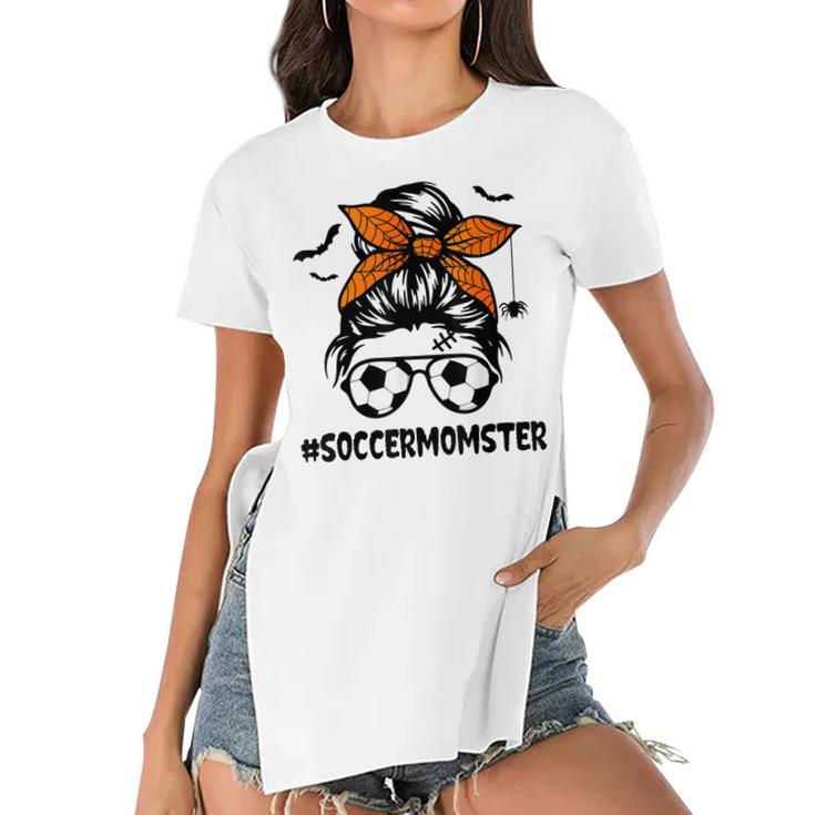 Soccer Momster  For Women Halloween Mom Messy Bun Hair  Women's Short Sleeves T-shirt With Hem Split