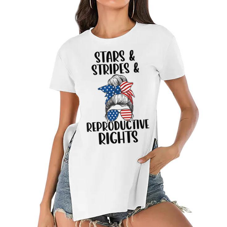 Stars Stripes Reproductive Rights 4Th Of July Messy Bun  Women's Short Sleeves T-shirt With Hem Split