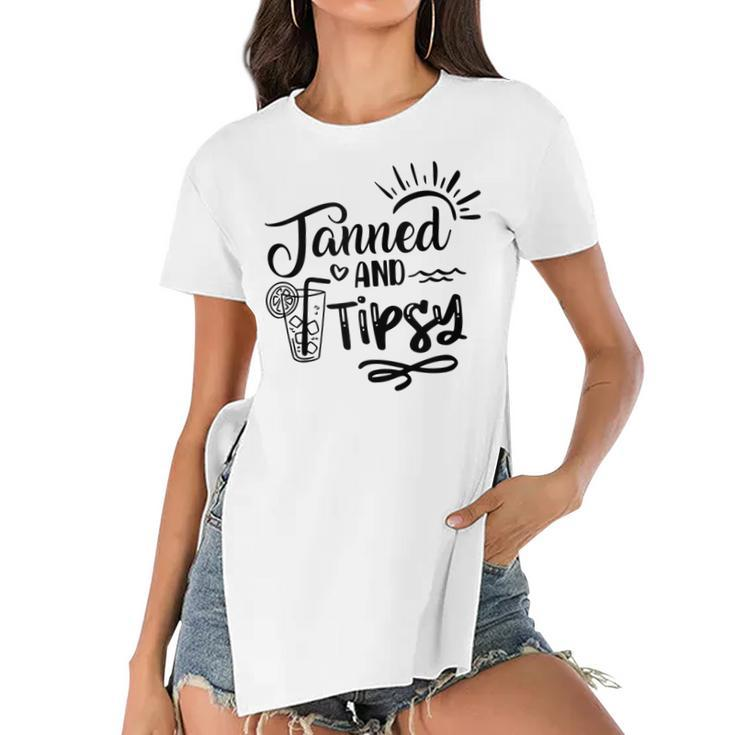 Tanned & Tipsy Hello Summer Vibes Beach Vacay Summertime  Women's Short Sleeves T-shirt With Hem Split